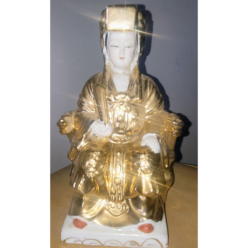 Vtg Chinese Gold Gilt Porcelain Kwan-Yin Quan-Yin Goddess of Mercy Statue